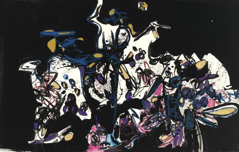 Abstract with Black Background.  Acrylic on artist paper. 36.6 x 56 in (90.5 x 142 cm). Fig. 002