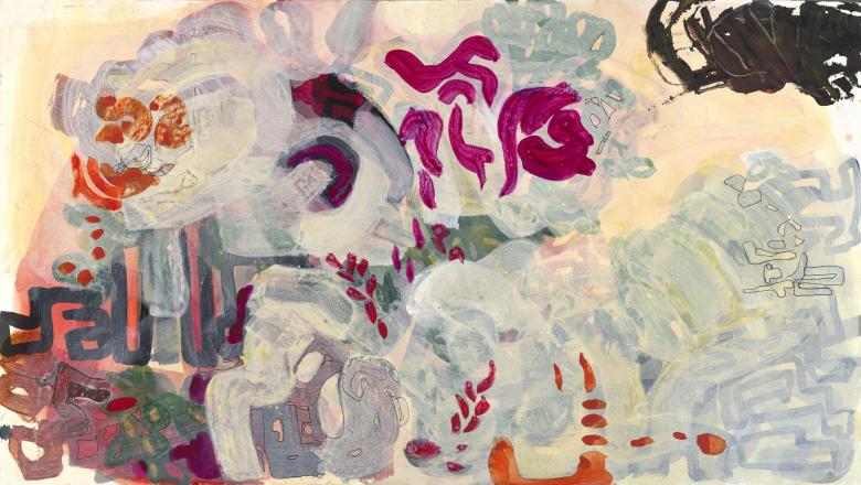 Abstract with Roses. Acrylic and pencil on srtist paper. 18 x 32.5 in (46 x 81 cm)