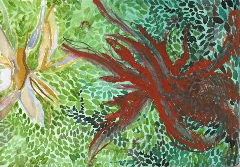 Abstract with green leaves and red. Acrylic and gouache on artist paper. 7.5 x 10.6 in (19 x 27 cm).  Fig 363 
