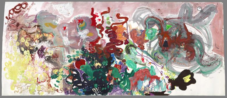 Painted by Ariane & Oliver de Lantsheere.  Abstract with many colors and girl photo. Mixed media on heavyweight, acid-free, artist paper, 50 x 115 in (127 x 292 cm). Fig. 275