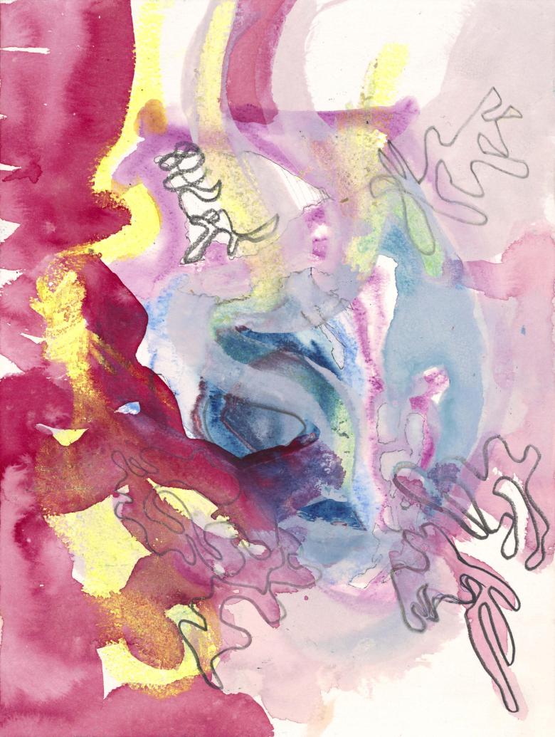 Abstract with Red Blues and Yellow. Watercolor, ink  and pencil on artist  paper. 9 x 12 in (23 x 30.5 cm). Fig 374 