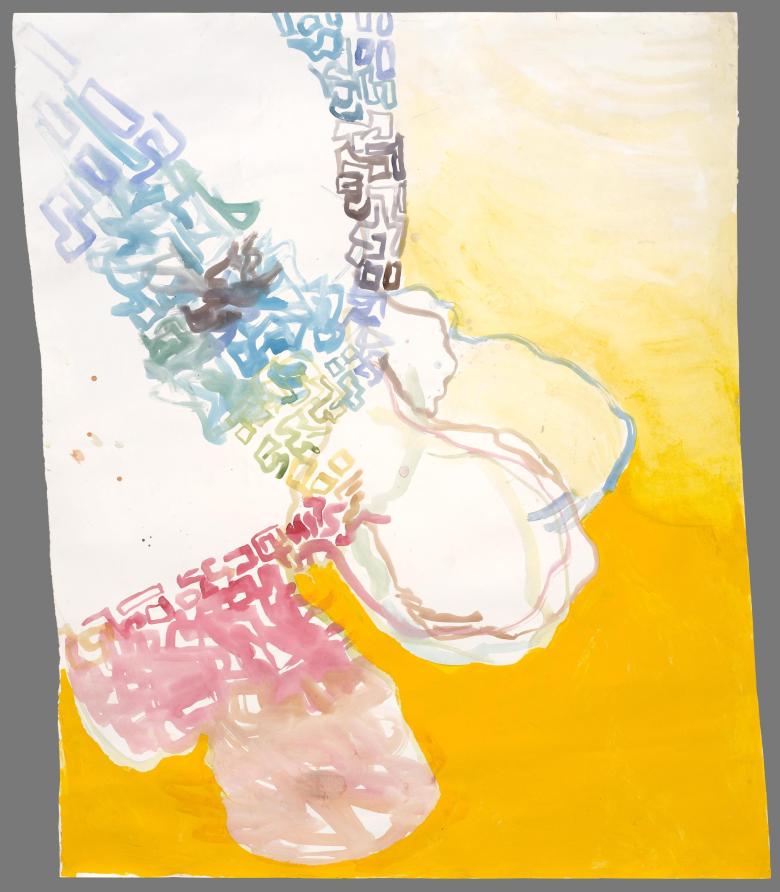 Abstract with yellow background. Ink and gouache on artist paper. 46 x 40 in (116.5  x 102 cm). Fig. 386