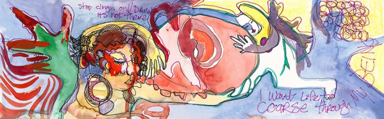 Stop Clinging…Watercolor and markers on paper, 5x16in - 13x41cm. Fig. 145